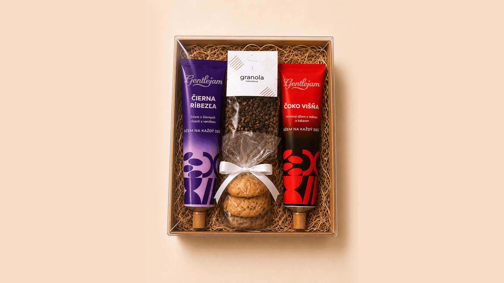 Darčekový set — Čoko višňa a Čierna ríbezľa v tube, cookies a granola — Džem v tube